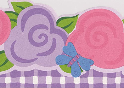 Pink Purple Flowers Blue Butterfly Wallpaper Border for Kids Bedroom Bathroom  Roll 15' x 5''