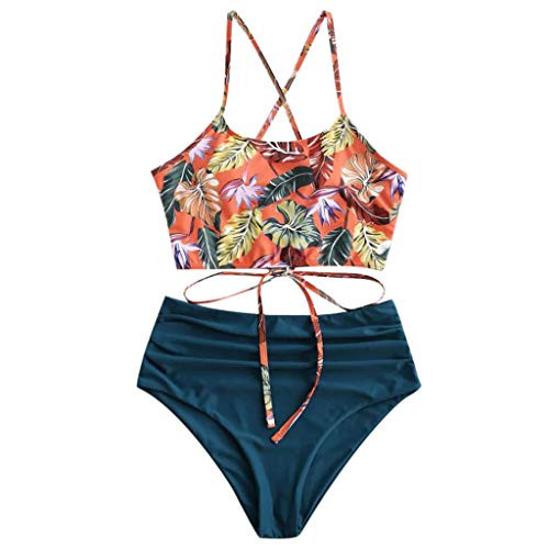 Hotkey Women Two Piece Swimsuit Floral Bandage Bikini Set Push-Up Brazilian Swimwear Beachwear Tummy Control Bathing Suit Blue