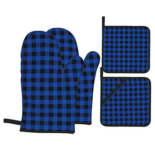 Buffalo Plaid Black and Cobalt Blue Oven Mitts and Pot Holders 4pcs Set  Kitchen Oven Glove High Heat Resistant Extra Long Oven Mitts and Potholder