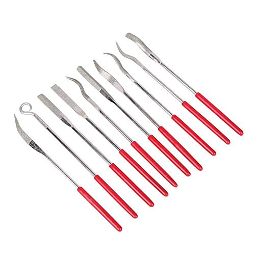10Pcs Diamond Needle File Set, Metal Red Jewelers Glass Wood Carving Craft Handy Files Alloy Lapidary Bent Ceramic Tool - 3x140mm