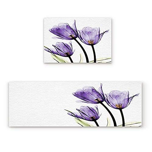 KRWHTS Art Flower Purple Tulip 2 Piece Doormat Hallway Kitchen Runner Rug Carpet Non-Slip Rubber Backing Area Rug Set 16X24in 40x60cm Plus16X48in 40x120cm