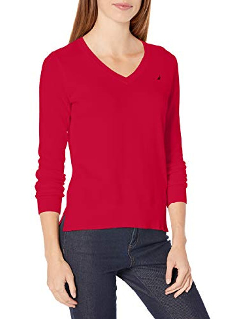 Nautica Women's Effortless J-Class Long Sleeve 100% Cotton V-Neck Sweater  Red  XX-Large