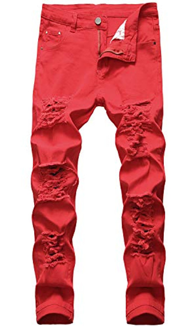 HENGAO Men's Jeans Slim Fit Casual Destroyed Ripped Jeans Denim Pants  499 Red  W32