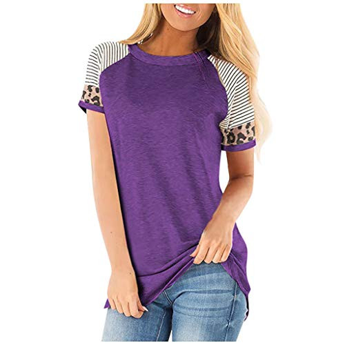 Shakumy Women Summer T-Shirt Top Comfy Leopard Stripe Print Tunic Tee Casual Crew Neck Loose Fit Sexy Short Sleeve Blouses Purple