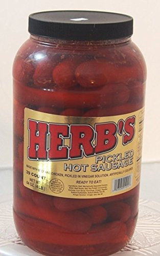 Herbs RED HOT Pickled Sausage  1 Gal. Jar  39 Count Beef  and  Chicken No Pork   From Jersey Candy Company