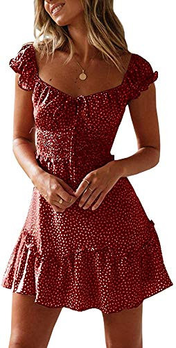 Valphsio Womens Smocked Dress Ruffle Floral Tie Front Boho Short Dresses  Large  Burgundy-1