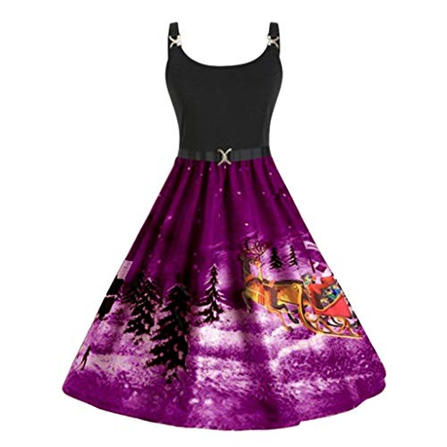 KYLEON Women's Christmas Dress Retro Vintage 1950s Party Cocktail A-Line Swing Long Sleeve Ugly Xmas Printed Dress Purple
