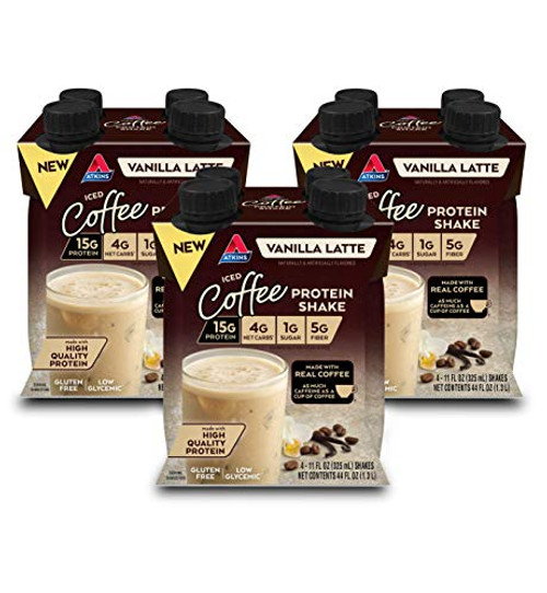 Atkins Iced Coffee Vanilla Latte Protein Shake. with Coffee and High-Quality Protein. Keto-Friendly and Gluten Free. 12 Shakes Atkins Iced Coffee Vanilla Latte Protein Shake. with Coffee and High-Quality Protein. Keto-Friendly and Gluten Free. 12 Shakes
