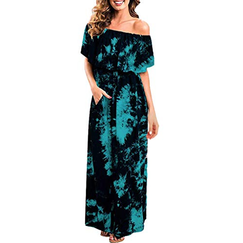 Womens Off The Shoulder Ruffle Party Dresses Side Split Beach Maxi Dress Tie Dye Split Maxi Long Dress Sundress Light Blue