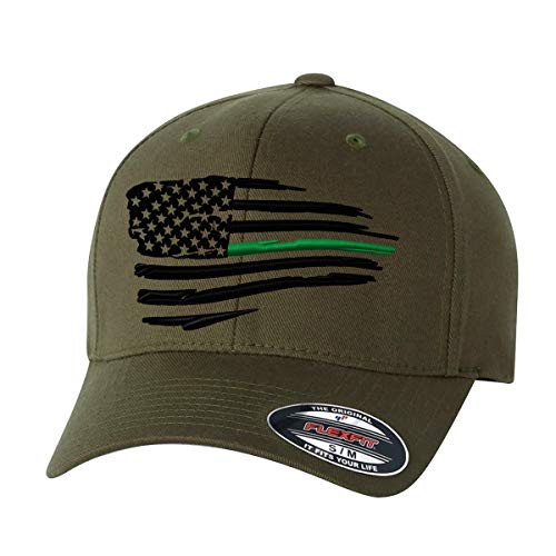 Tactical Thin Lines  Thin Red Line  Thin Blue line  Thin Green Line  Thin Yellow Line Waving American Flag Flex-Fited Custom Embroidered Flexfit hat  S M  Olive