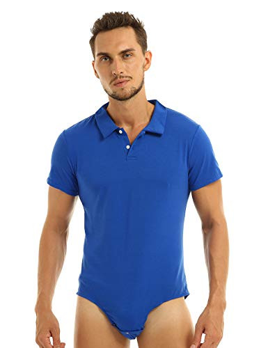 YONGHS Men's Short Sleeve Turn-Down Collar Button Crotch Shirt Bodysuit Snappies Romper Jumpsuit Blue Medium