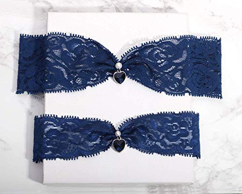 Blue garter set Blue wedding garter crystal heart charm garter lace garter set something blue for wedding wedding garters for bride blue