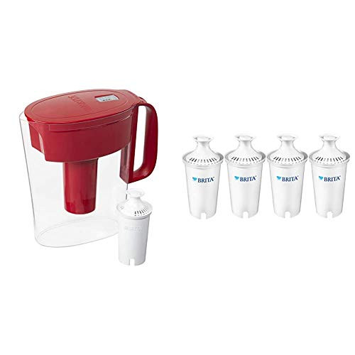 Brita Water Pitcher with 1 Filter  5 Cup  Red  and  Standard Replacement Filters for Pitchers and Dispensers  4ct  White