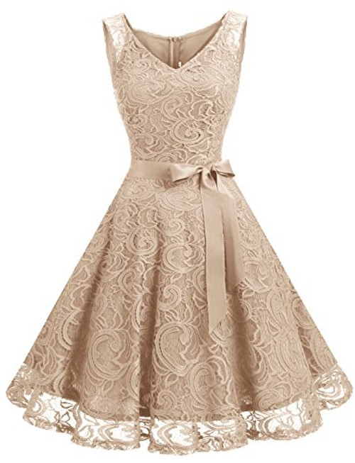 Dressystar 0010 Women Floral Lace Bridesmaid Party Dress Short Prom Dress V Neck Champagne S