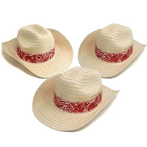 12 Piece Western Cowboy Hats with Red Bandana - Bulk Adult Western Straw Hats for Cowboy or Rodeo Theme Party