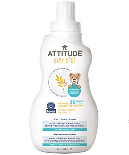 ATTITUDE Baby Laundry Detergent for Sensitive Skin  Hypoallergenic  Dye free  Unscented  HE compatible  Fragrance Free  33.8 Fluid Ounce  35 Loads