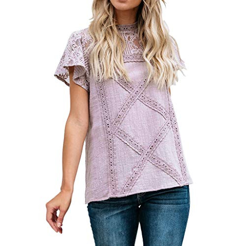 Shakumy Women Summer T-Shirt Top Flare Ruffles Lace Tunic Tee Casual Loose Fit Cotton Patchwork Short Sleeve Blouses Purple