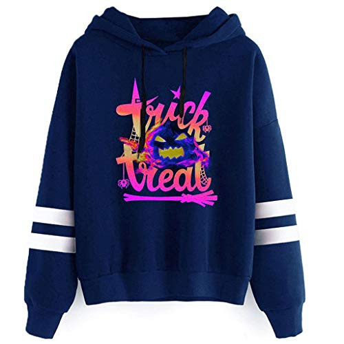 Bravetoshop Women Hoodies Fashion Pumpkin Print Drawstring Hoody Pullover Sweatshirt Outwear Blue