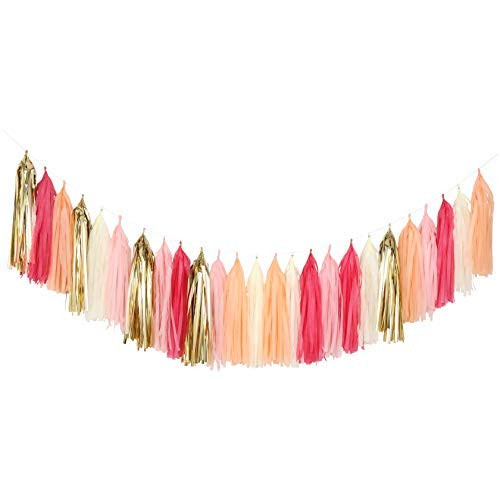 Fonder Mols Pink and Gold Tassel Garland - Valentines Birthday Party Decor, Bachelorette, Galentines Day, Gender Reveal, Christening Girl Baby Shower Decorations A07