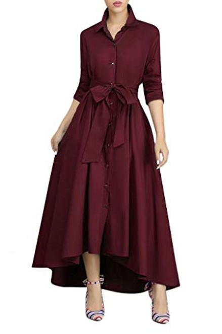 VERWIN Women Long Sleeve Loose Elegant Maxi Dress Button Down Up Shirt Long Dress with Pockets and Belts  XL  Red