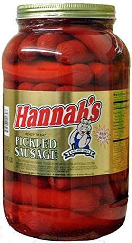 Hannah's Pickled Sausage Red Hot 1 Gallon plastic container 4lbs 39 count