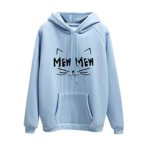 YSLMNOR Cat Printed Sweatshirt for Womens Long Sleeve Hoodies with Pocket Pullover Girls Hooded Tops Light Blue