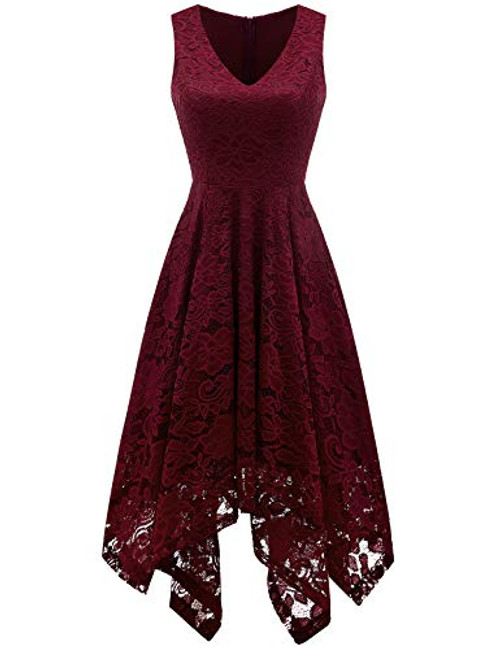 Meetjen Women's Vintage Floral Lace Dress Handkerchief Hem Asymmetrical Cocktail Formal Swing Dress Burgundy L Meetjen Women's Vintage Floral Lace Dress Handkerchief Hem Asymmetrical Cocktail Formal Swing Dress Burgundy L
