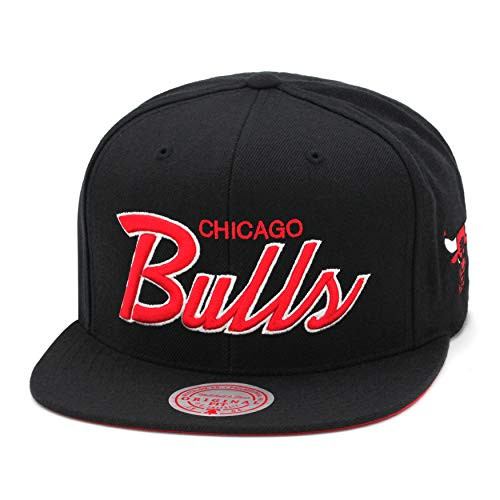 Mitchell  and  Ness Chicago Bulls Snapback Hat for Men - Black Red Script - NBA Basketball Cap for Men