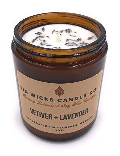 Vetiver Plus Lavender  9oz. Luxury Botanical Soy Wax Amber Glass Jar Candle  Tin Wicks Candle Co.  Handcrafted Soy Candle  Artisanal Scented Soy Candle