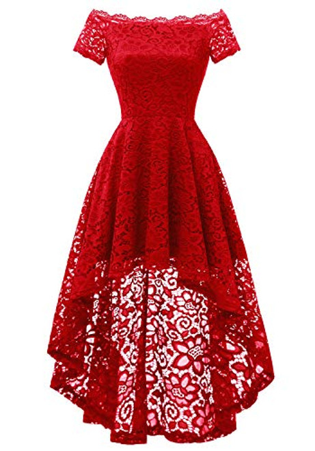 Dressystar Women's Lace Bridesmaid Dress Hi-Lo Off Shoulder Swing Cocktail Formal Party Dress 0042 Red S