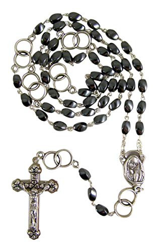 5mm Oval Hematite Bead Wedding Rosary with Silver-Toned Eternal Links, Madonna Centerpiece and Crucifix, 21 3/4 Inches