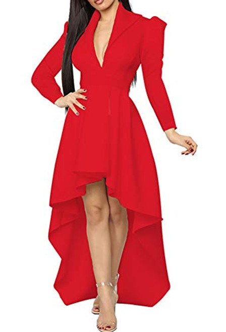 Womens High Low Cocktail Dress - Sexy Elegant Deep V Neck Long Sleeve Dress for Wedding Guest Red Womens High Low Cocktail Dress - Sexy Elegant Deep V Neck Long Sleeve Dress for Wedding Guest Red