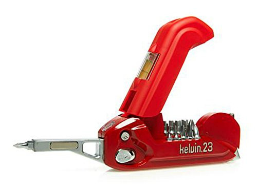 Kelvin Tools Kelvin23  The Palm-Sized Urban Ultra Multi-Tool Set  23 Integrated Tools  16 Bit Screwdriver Set  Tape Measure  Liquid Level  Hammer  and Flashlight  Red