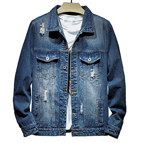 LZLER Jean Jacket for Men  Classic Ripped Slim Denim Jacket with Holes  Blue010  Large