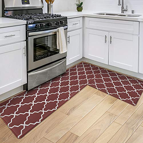 DEXI Kitchen Rugs and Mats Cushioned Anti Fatigue Runner Rug Waterproof Standing Mat 2 Piece Set 17"x29"Plus17"x59" Rust Red