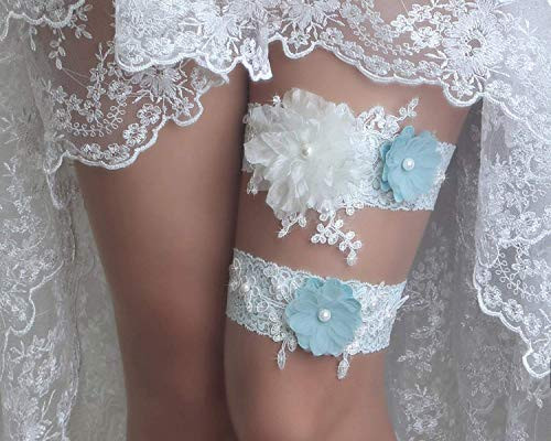Blue wedding garter set  blue flower lace garter  wedding garter set teal  wedding garters for brides  wedding garter set sage