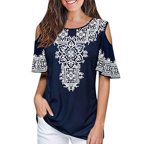 Shakumy Women Summer T-Shirt Top Cold Shoulder Embroidered Tunic Tee Casual Loose Fit Short Sleeve Blouses for Women Blue