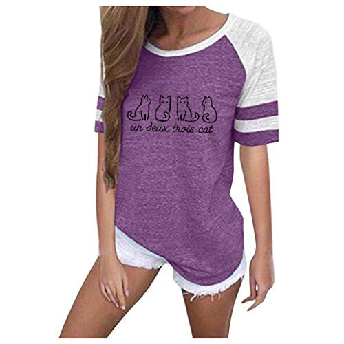 Shakumy Women Summer T-Shirt Top Cute Cat Printed Tunic Tee Casual Plus Size Loose Fit Stripe Short Sleeve Blouses for Women Purple