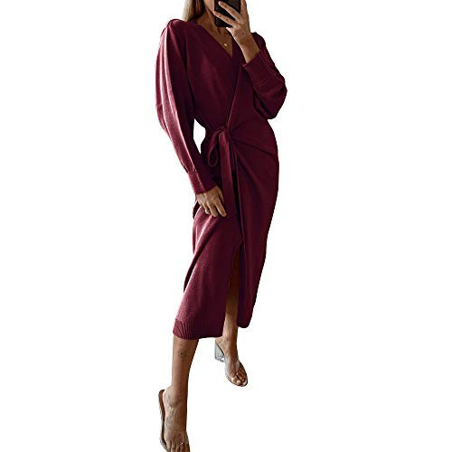 Exlura Womens Knit Sweater Dress Casual Solid Long Sleeve Wrap Maxi Dresses with Belt Wine Red