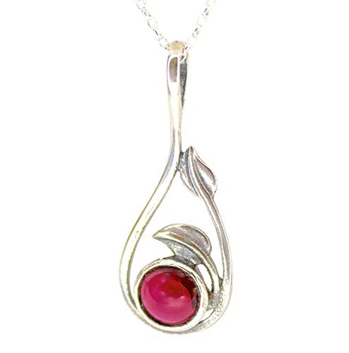 Garnet Necklace  Sterling Silver Leaf Pendant with Red Stone for Women  Unique handmade Bohemian Jewelry