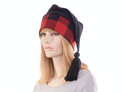 Buffalo Plaid Beanie with Tassel Warm Winter Hat Stocking Cap Red Black