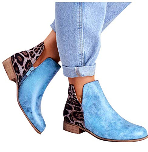 AOKASII Ankle Boots for Women Womens Ankle Boots Low Heel Zip Round Toe Chunky Heel Boots Leopard Winter Booties Blue