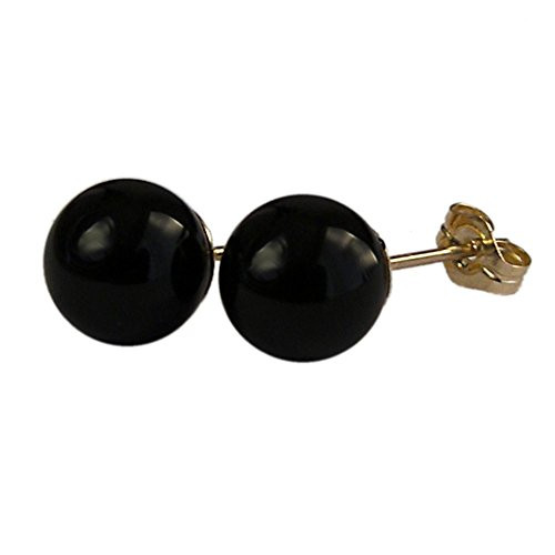 8mm Genuine Black Onyx Gemstone Bead   Ball   Sphere 14k Yellow Gold Filled GF Ear Stud Earrings Pair