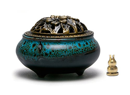 avena Incense Burner Ceramic Cone/Coil Incense Holder Ash Catcher Tray Bowl with Brass Calabash Incense Holder (Royal-Blue)