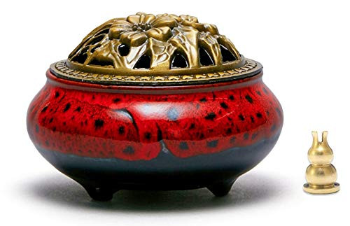 avena Incense Burner Ceramic Cone/Coil Incense Holder Ash Catcher Tray Bowl with Brass Calabash Incense Holder (Red)