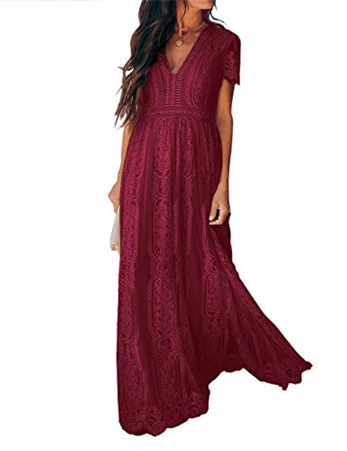 Ecosunny Women's Deep V Neck Short Sleeve Floral Lace Bridesmaid Maxi Dress Party Gown L V Neck-Wine Ecosunny Women's Deep V Neck Short Sleeve Floral Lace Bridesmaid Maxi Dress Party Gown L V Neck-Wine