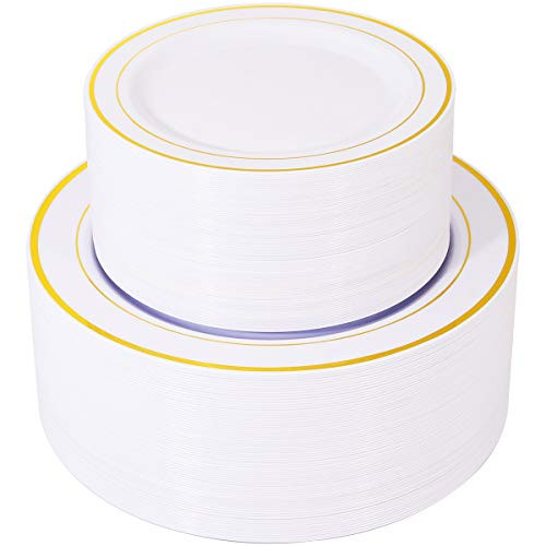 120 Pieces Gold Plastic Plates  White Disposable Plates with Gold Rim  includes  60 Dinner Plates 10.25  60 Dessert Plates 7.5 120 Pieces Gold Plastic Plates  White Disposable Plates with Gold Rim  includes  60 Dinner Plates 10.25  60 Dessert Plates 7.5