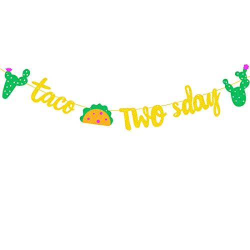 Taco TWOsday Birthday Party Banner Gold Glitter Sign Garland for Mexican Fiesta Decorations Baby 2nd Birthday Party Supplies Decorations