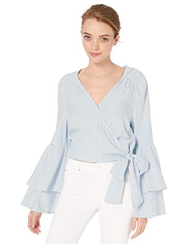 Jack by BB Dakota Junior's Making Waves Stripe Cropped Bell Sleeve w Waist tie  Light Blue  Large