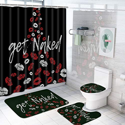TAMOC 4 Pcs Get Naked Shower Curtain Set with Non-Slip Rug  Toilet Lid Cover and Bath Mat  Sexy Lips Shower Curtain with 12 Hooks  Waterproof Funny Quotes Kiss Shower Curtain for Bathroom